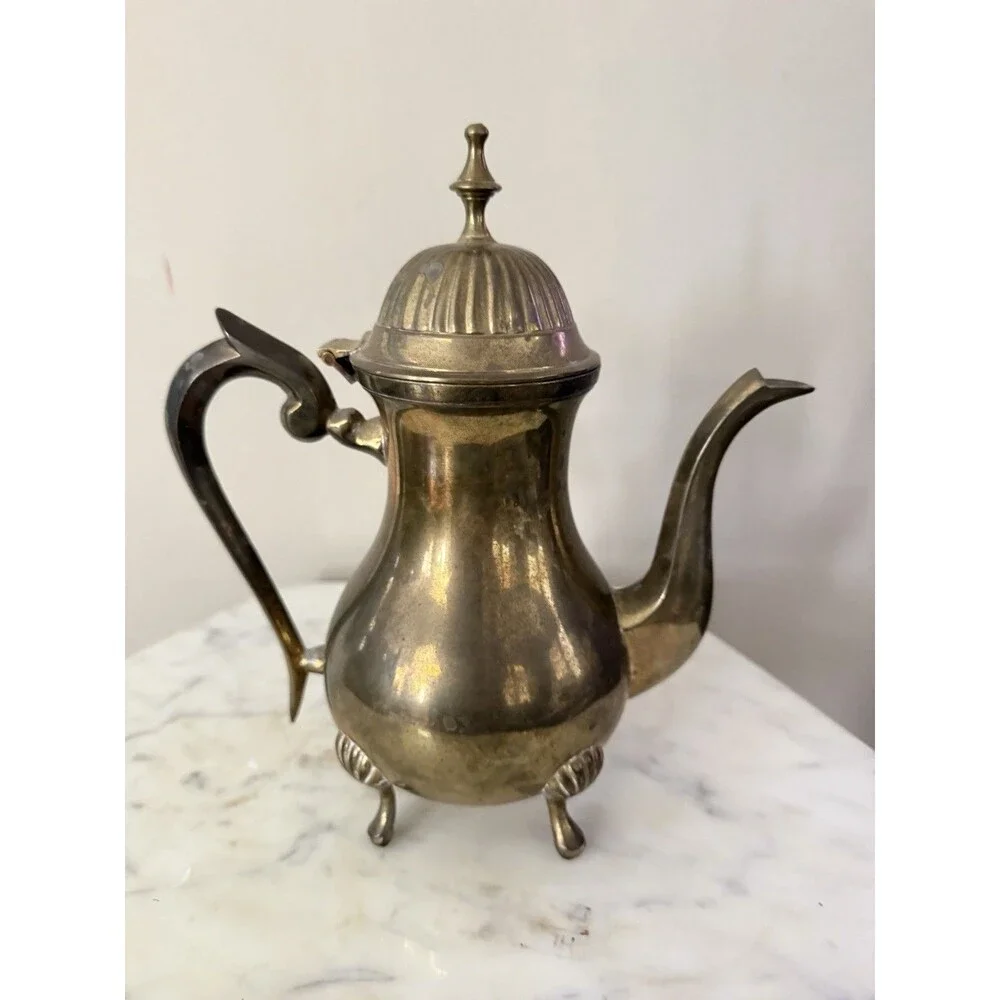 Vintage Antique Brass Teapot Coffee Kettle Footed Ornate Kitchen Decor